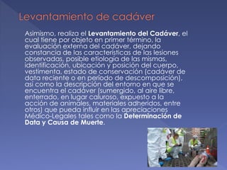Asimismo, realiza el Levantamiento del Cadáver, el
cual tiene por objeto en primer término, la
evaluación externa del cadáver, dejando
constancia de las características de las lesiones
observadas, posible etiología de las mismas,
identificación, ubicación y posición del cuerpo,
vestimenta, estado de conservación (cadáver de
data reciente o en período de descomposición),
así como la descripción del entorno en que se
encuentra el cadáver (sumergido, al aire libre,
enterrado, en lugar caluroso, expuesto a la
acción de animales, materiales adheridos, entre
otros) que pueda influir en las apreciaciones
Médico-Legales tales como la Determinación de
Data y Causa de Muerte.
 