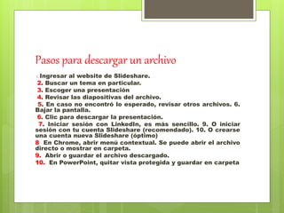 Pasos para descargar un archivo
1. Ingresar al website de Slideshare.
2. Buscar un tema en particular.
3. Escoger una presentación
4. Revisar las diapositivas del archivo.
5. En caso no encontró lo esperado, revisar otros archivos. 6.
Bajar la pantalla.
6. Clic para descargar la presentación.
7. Iniciar sesión con LinkedIn, es más sencillo. 9. O iniciar
sesión con tu cuenta Slideshare (recomendado). 10. O crearse
una cuenta nueva Slideshare (óptimo)
8 En Chrome, abrir menú contextual. Se puede abrir el archivo
directo o mostrar en carpeta.
9. Abrir o guardar el archivo descargado.
10. En PowerPoint, quitar vista protegida y guardar en carpeta
 