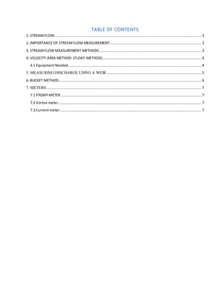 TABLE OF CONTENTS
1. STREAMFLOW.......................................................................................................................................3
2. IMPORTANCE OF STREAMFLOW MEASUREMENT.................................................................................... 3
3. STREAMFLOW MEASUREMENT METHODS.............................................................................................. 3
4. VELOCITY-AREA METHOD (FLOAT-METHOD)........................................................................................... 4
4.1 Equipment Needed........................................................................................................................... 4
5. MEASURING DISCHARGE USING A WEIR ....................................................................................... 5
6. BUCKET METHOD...................................................................................................................................6
7. METERS .............................................................................................................................................. 7
7.1 PYGMY METER .................................................................................................................................7
7.2 Vortex meter....................................................................................................................................7
7.3 Current meter..................................................................................................................................7
 