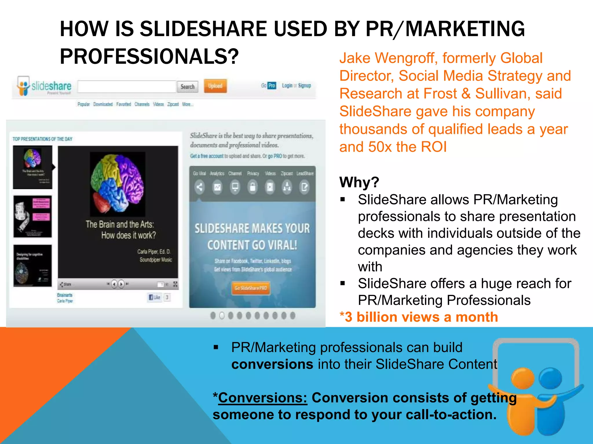 HOW IS SLIDESHARE USED BY PR/MARKETING
PROFESSIONALS? Jake Wengroff, formerly Global
Director, Social Media Strategy and
Research at Frost & Sullivan, said
SlideShare gave his company
thousands of qualified leads a year
and 50x the ROI
Why?
 SlideShare allows PR/Marketing
professionals to share presentation
decks with individuals outside of the
companies and agencies they work
with
 SlideShare offers a huge reach for
PR/Marketing Professionals
*3 billion views a month
 PR/Marketing professionals can build
conversions into their SlideShare Content
*Conversions: Conversion consists of getting
someone to respond to your call-to-action.
 