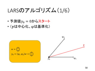 LARSのアルゴリズム（1/6）
• 予測値𝑦0 = 0からスタート
• （𝒚は中心化、φは基準化）
58
φ1
φ2
𝒚
𝑦0
𝑤 =
0
0
𝑦0 = φ1 φ2 𝑤 =
0
0
 