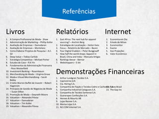 Referências
Relatórios Internet
1. A Compra Profissional de Moda - Shaw
2. Administração de Marketing – Phillip Kotler
3. Avaliação de Empresas – Damodaran
4. Avaliação de Empresas – Montelanc
5. Como Elaborar Projetos de Pesquisa – A.C.
Gil
6. Deep Value – Tobias Carlisle
7. Estratégia Competitiva – Michael Porter
8. Estudos de Caso – R.K Yin
9. Fundamentos da Administração Financeira
- Ross Westerfield
10. Investment Banking – Rosembaum
11. Merchandising de Moda – Virginia Grose
12. Moda e Visual Merchandising – Sarah
Bailey
13. O Jeito Warren Buffet de Investir – Robert
Hagstrom
14. Princípios de Gestão de Negócios de Moda
– Susan Dillon
15. Promoção de Moda – Gwyneth Moore
16. Valuation – Alexandre Póvoa
17. Valuation – Damodaran
18. Valuation – Tim Koller
19. Valuation – Alexandre Póvoa
Livros
1. East Africa: The next hub for apparel
sourcing? – Anchim Berg
2. Estratégias de Localização – Heitor Kato
3. Focus – Relatório de Mercado – Bacen
4. Four Digital Enablers – Peter Burggraaff
5. How half the world shops: Apparel in
Brazil, China and India – Manuela Artigas
6. Rankings Ibevar - Ibervar
7. Webshoppers – E-bit
1. ANBIMA
2. Economia em Dia
3. Estado de Minas
4. Euromonitor
5. Exame
6. Itaú Projeções
7. Valor Econômico
Demonstrações Financeiras
1. Arthur Lundgren Tecidos S.A.
2. Capricórnio S/A
3. Cia. Hering S.A.
4. Companhia de Fiação e Tecidos Cedro e Cachoeira S.A
5. Companhia Industrial Cataguses S.A.
6. Companhia de Tecidos Santense S.A.
7. Guararapes Confecções S.A.
8. Hennes & Mauritz AB
9. Lojas Renner S.A.
10. Marisa Lojas S.A.
11. N2.COM Internet S.A.
12. Tavex Brasil
13. The Gap Inc
 