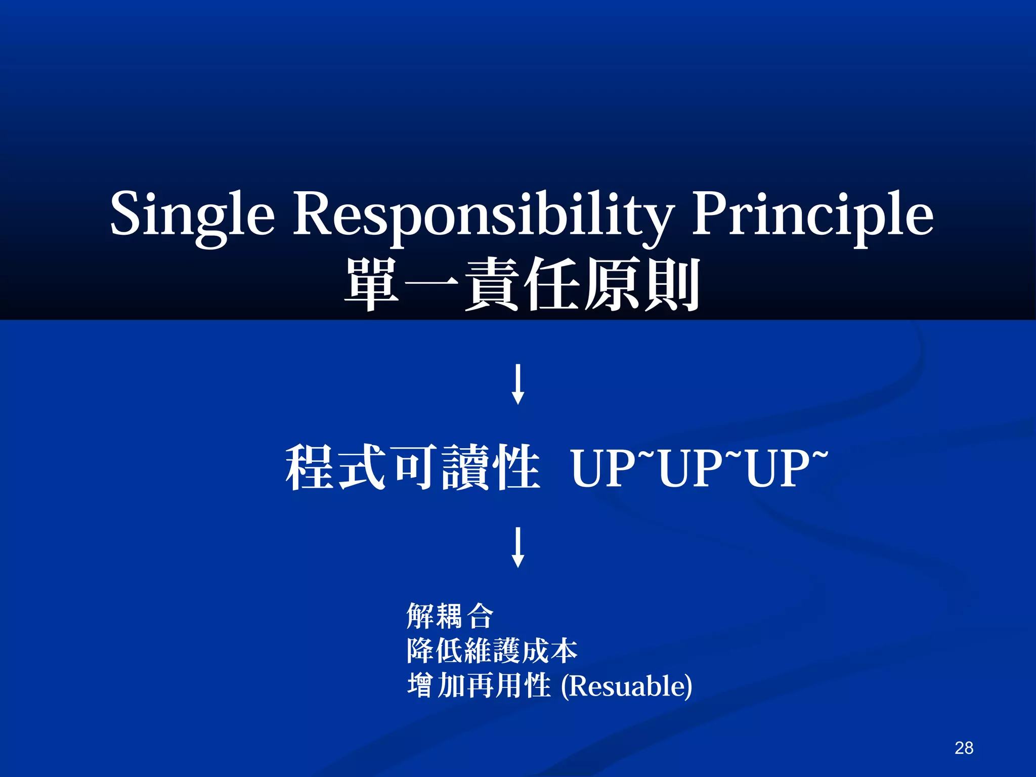 28
Single Responsibility Principle
單一責任原則
程式可讀性 UP~UP~UP~
解 合耦
降低維護成本
加再用性增 (Resuable)
 