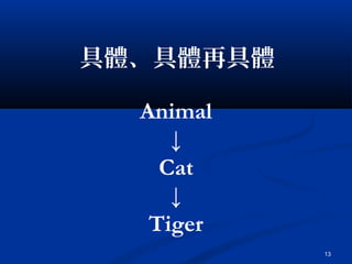 13
具體、具體再具體
Animal
↓
Cat
↓
Tiger
 