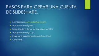 PASOS PARA CREAR UNA CUENTA
DE SLIDESHARE.
 Se ingresa a www.slideshare.com
 Hacer clic en signup
 Se procede a llenar los datos personales
 Hacer clic en sign up
 Ingresar a la pagina de nuestro correo
 Confirmar.
 