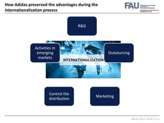 Winter Term 15/16 | p. 6
How Adidas preserved the advantages during the
internationalization process
R&D
Outsourcing
Marketing
Control the
distribution
Activities in
emerging
markets
 