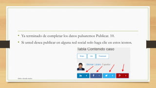 • Ya terminado de completar los datos pulsaremos Publicar. 10.
• Si usted desea publicar en alguna red social solo haga clic en estos iconos.
shirley valverde muñoz
 