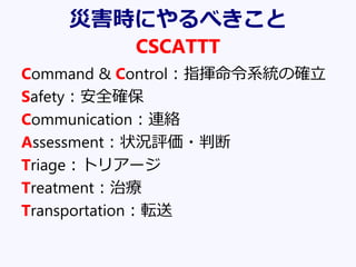 災害時にやるべきこと
CSCATTT
Command & Control：指揮命令系統の確立
Safety：安全確保
Communication：連絡
Assessment：状況評価・判断
Triage：トリアージ
Treatment：治療
Transportation：転送
 