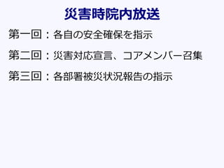 災害時院内放送
第一回：各自の安全確保を指示
第二回：災害対応宣言、コアメンバー召集
第三回：各部署被災状況報告の指示
 