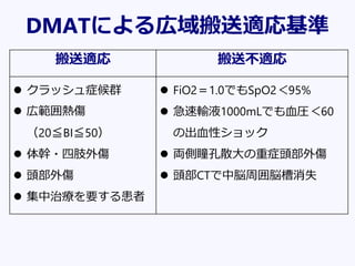 DMATによる広域搬送適応基準
搬送適応 搬送不適応
 クラッシュ症候群
 広範囲熱傷
（20≦BI≦50）
 体幹・四肢外傷
 頭部外傷
 集中治療を要する患者
 FiO2＝1.0でもSpO2＜95%
 急速輸液1000mLでも血圧＜60
の出血性ショック
 両側瞳孔散大の重症頭部外傷
 頭部CTで中脳周囲脳槽消失
 