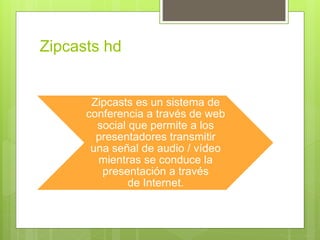Zipcasts hd
Zipcasts es un sistema de
conferencia a través de web
social que permite a los
presentadores transmitir
una señal de audio / vídeo
mientras se conduce la
presentación a través
de Internet.
 
