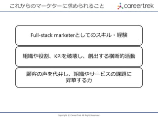 Copyright © CareerTrek All Right Reserved.
これからのマーケターに求められること
Full-stack marketerとしてのスキル・経験
組織や役割、KPIを破壊し、創出する横断的活動
顧客の声を代弁し、組織やサービスの課題に
昇華する力
 