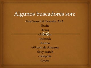 -Fast Search & Transfer ASA
-Excite
-Terra
-Altavista
-Infoseek
-Kartoo
-A9.com de Amazon
-Savy search
-Telépolis
-Lycos
 