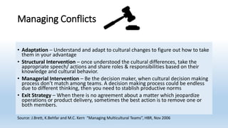 Managing Conflicts
• Adaptation – Understand and adapt to cultural changes to figure out how to take
them in your advantage
• Structural Intervention – once understood the cultural differences, take the
appropriate speech/ actions and share roles & responsibilities based on their
knowledge and cultural behavior.
• Managerial Intervention – Be the decision maker, when cultural decision making
process don’t match among teams. A decision making process could be endless
due to different thinking, then you need to stablish productive norms
• Exit Strategy – When there is no agreement about a matter which jeopardize
operations or product delivery, sometimes the best action is to remove one or
both members.
Source: J.Brett, K.Behfar and M.C. Kern “Managing Multicultural Teams”, HBR, Nov 2006
 
