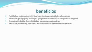 beneficios
1. Facilidad de participación, individual y conductiva en actividades colaborativas
2. Innovación; pedagógica y tecnológica que permite el desarrollo de competencias integrales
3. Comunicación fluida; disponibilidad de mecanismos participativos
4. Interacción; sincrónica y asincrónica mediante el uso de herramientas informáticas.
 