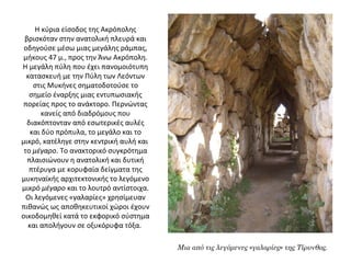  
Η κύρια είσοδος της Ακρόπολης 
βρισκόταν στην ανατολική πλευρά και 
οδηγούσε μέσω μιας μεγάλης ράμπας, 
μήκους 47 μ., προς την Άνω Ακρόπολη. 
Η μεγάλη πύλη που έχει πανομοιότυπη 
κατασκευή με την Πύλη των Λεόντων 
στις Μυκήνες σηματοδοτούσε το 
σημείο έναρξης μιας εντυπωσιακής 
πορείας προς το ανάκτορο. Περνώντας 
κανείς από διαδρόμους που 
διακόπτονταν από εσωτερικές αυλές 
και δύο πρόπυλα, το μεγάλο και το 
μικρό, κατέληγε στην κεντρική αυλή και  
το μέγαρο. Το ανακτορικό συγκρότημα 
πλαισιώνουν η ανατολική και δυτική 
πτέρυγα με κορυφαία δείγματα της 
μυκηναϊκής αρχιτεκτονικής το λεγόμενο 
μικρό μέγαρο και το λουτρό αντίστοιχα. 
Οι λεγόμενες «γαλαρίες» χρησίμευαν 
πιθανώς ως αποθηκευτικοί χώροι έχουν 
οικοδομηθεί κατά το εκφορικό σύστημα 
και απολήγουν σε οξυκόρυφα τόξα. 
Μια από τις λεγόμενες «γαλαρίες» της Τίρυνθας.
 