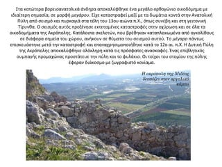 Στα κατώτερα βορειοανατολικά άνδηρα αποκαλύφθηκε ένα μεγάλο ορθογώνιο οικοδόμημα με
ιδιαίτερη σημασία, σε μορφή μεγάρου. Είχε καταστραφεί μαζί με τα δωμάτια κοντά στην Ανατολική
Πύλη από σεισμό και πυρκαγιά στα τέλη του 13ου αιώνα π.Χ., όπως συνέβη και στη γειτονική
Τίρυνθα. Ο σεισμός αυτός προξένησε εκτεταμένες καταστροφές στην οχύρωση και σε όλα τα
οικοδομήματα της Ακρόπολης. Κατάλοιπα σκελετών, που βρέθηκαν καταπλακωμένα από ογκολίθους
σε διάφορα σημεία του χώρου, ανήκουν σε θύματα του σεισμού αυτού. Το μέγαρο πάντως
επισκευάστηκε μετά την καταστροφή και επαναχρησιμοποιήθηκε κατά το 12ο αι. π.Χ. Η Δυτική Πύλη
της Ακρόπολης αποκαλύφθηκε ολόκληρη κατά τις πρόσφατες ανασκαφές. Ένας επιβλητικός
συμπαγής προμαχώνας προστάτευε την πύλη και το φυλάκιο. Οι τοίχοι του στομίου της πύλης
έφεραν διάκοσμο με ζωγραφιστό κονίαμα.
Η ακρόπολη της Μιδέας
δεσπόζει στον αργολικό
κάμπο
 