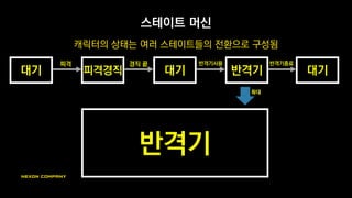 반격기
스테이트 머신
캐릭터의 상태는 여러 스테이트들의 전환으로 구성됨
대기
피격
피격경직
경직 끝
대기
반격기사용
반격기
반격기종료
대기
확대
 