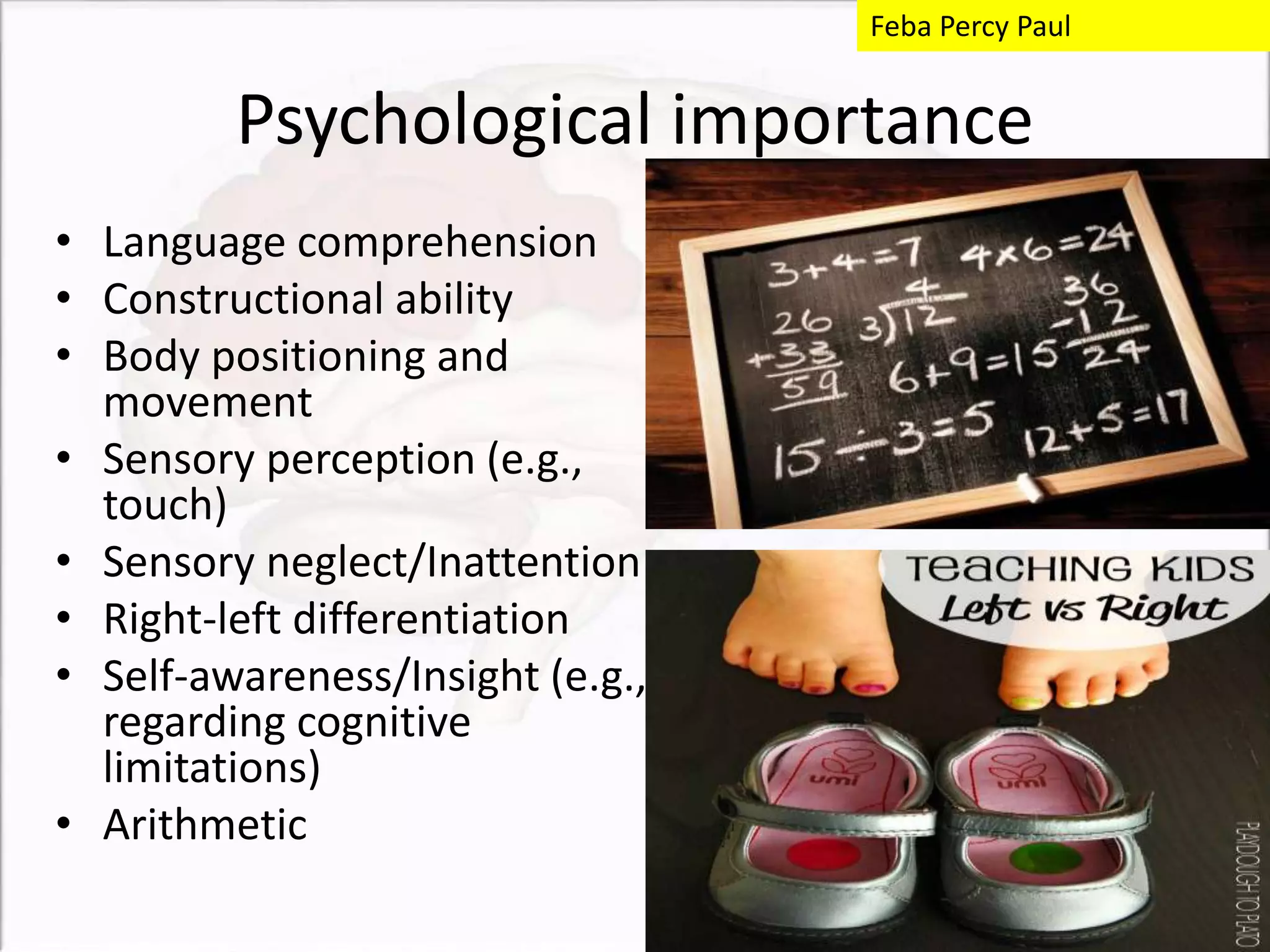 Psychological importance
• Language comprehension
• Constructional ability
• Body positioning and
movement
• Sensory perception (e.g.,
touch)
• Sensory neglect/Inattention
• Right-left differentiation
• Self-awareness/Insight (e.g.,
regarding cognitive
limitations)
• Arithmetic
Feba Percy Paul
 