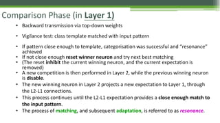 Comparison Phase (in Layer 1)
• Backward transmission via top-down weights
• Vigilance test: class template matched with input pattern
• If pattern close enough to template, categorisation was successful and “resonance”
achieved
• If not close enough reset winner neuron and try next best matching
• (The reset inhibit the current winning neuron, and the current expectation is
removed)
• A new competition is then performed in Layer 2, while the previous winning neuron
is disable.
• The new winning neuron in Layer 2 projects a new expectation to Layer 1, through
the L2-L1 connections.
• This process continues until the L2-L1 expectation provides a close enough match to
the input pattern.
• The process of matching, and subsequent adaptation, is referred to as resonance.
 