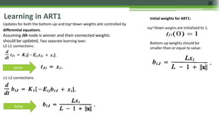 20
Learning in ART1
Updates for both the bottom-up and top-down weights are controlled by
differential equations.
Assuming Jth node is winner and their connected weights
should be updated, Two separate learning laws:
L2-L1 connections:
Bottom-up weights should be
smaller than or equal to value:
Solve
Solve
Initial weights for ART1:
top-down weights are initialized to 1.
1)0( jit
L1-L2 connections
 