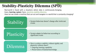 Stability-Plasticity Dilemma (SPD)
• System behaviour doesn’t change after irrelevant
eventsStability
• System adapts its behaviour according to
significant eventsPlasticity
• How to achieve stability without rigidity and
plasticity without chaos?
• Ongoing learning capability
• Preservation of learned knowledge
Dilemma
Real world is faced with a situations where data is continuously changing.
Every learning system faces plasticity-stability dilemma.
How can we create a machine that can act and navigate in a world that is constantly changing?
 