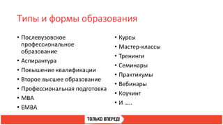 Типы и формы образования
• Послевузовское
профессиональное
образование
• Аспирантура
• Повышение квалификации
• Второе высшее образование
• Профессиональная подготовка
• MBA
• EMBA
• Курсы
• Мастер-классы
• Тренинги
• Семинары
• Практикумы
• Вебинары
• Коучинг
• И …..
 
