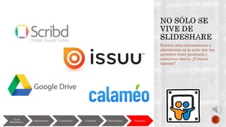 Existen otras herramientas o
plataformas en la nube que nos
permiten tener presencia y
comunicar marca. ¿Conoces
algunas?
Yo en
SlideShare
Aplicaciones Contenidos Ventajas Desventajas Opciones
 