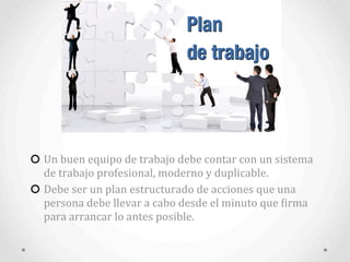 Plan
de trabajo
Un	
  buen	
  equipo	
  de	
  trabajo	
  debe	
  contar	
  con	
  un	
  sistema	
  
de	
  trabajo	
  profesional,	
  moderno	
  y	
  duplicable.
Debe	
  ser	
  un	
  plan	
  estructurado	
  de	
  acciones	
  que	
  una	
  
persona	
  debe	
  llevar	
  a	
  cabo	
  desde	
  el	
  minuto	
  que	
  Airma	
  
para	
  arrancar	
  lo	
  antes	
  posible.
 