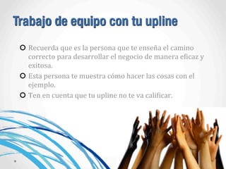 Trabajo de equipo con tu upline
Recuerda	
  que	
  es	
  la	
  persona	
  que	
  te	
  enseña	
  el	
  camino	
  
correcto	
  para	
  desarrollar	
  el	
  negocio	
  de	
  manera	
  eAicaz	
  y	
  
exitosa.
Esta	
  persona	
  te	
  muestra	
  cómo	
  hacer	
  las	
  cosas	
  con	
  el	
  
ejemplo.
Ten	
  en	
  cuenta	
  que	
  tu	
  upline	
  no	
  te	
  va	
  caliAicar.
 