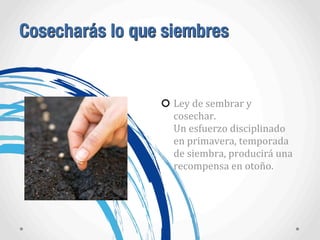 Cosecharás lo que siembres
Ley	
  de	
  sembrar	
  y	
  
cosechar.	
  
Un	
  esfuerzo	
  disciplinado	
  
en	
  primavera,	
  temporada	
  
de	
  siembra,	
  producirá	
  una	
  
recompensa	
  en	
  otoño.	
  
 