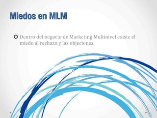 Miedos en MLM
Dentro	
  del	
  negocio	
  de	
  Marketing	
  Multinivel	
  existe	
  el	
  
miedo	
  al	
  rechazo	
  y	
  las	
  objeciones.
 