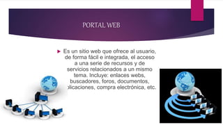 PORTAL WEB
 Es un sitio web que ofrece al usuario,
de forma fácil e integrada, el acceso
a una serie de recursos y de
servicios relacionados a un mismo
tema. Incluye: enlaces webs,
buscadores, foros, documentos,
aplicaciones, compra electrónica, etc.
 