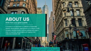 ABOUT US
Write here your great subtitle
A company is an association or collection of individuals,
whether natural persons, legal persons, or a mixture of both.
Company members share a common purpose and unite in
order to focus their various talents and organize their
collectively available skills
PAGE 3
https://goo.gl/HOLgyR
 