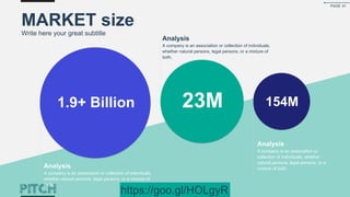 MARKET size
Write here your great subtitle
1.9+ Billion 23M 154M
Analysis
A company is an association or collection of individuals,
whether natural persons, legal persons, or a mixture of
both.
Analysis
A company is an association or collection of individuals,
whether natural persons, legal persons, or a mixture of
both.
Analysis
A company is an association or
collection of individuals, whether
natural persons, legal persons, or a
mixture of both.
PAGE 41
https://goo.gl/HOLgyR
 