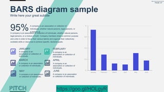 BARS diagram sample
Write here your great subtitle
0.
2.3
4.5
6.8
9.
January February March April May June
JANUARY
A company is an
association or collection of
individuals,
FEBRUARY
A company is an
association or collection of
individuals,
MARCH
A company is an association
or collection of individuals,
APRIL
A company is an
association or collection of
individuals,
MAY
A company is an association
or collection of individuals,
JUNE
A company is an association
or collection of individuals,
A company is an association or collection of individuals, whether natural persons,
legal persons, or a mixture of both. Company members share a common purpose
and unite in order to focus their various talents and organize their collectively
available skills or resources to achieve specific, declared goals.
A company is an association or collection of
individuals, whether natural persons, legal persons, or
a mixture of
95%
PAGE 47
https://goo.gl/HOLgyR
 