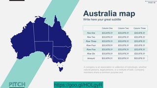 Australia map
Write here your great subtitle
Column One Column Two Column Three
Row One $33,878.31 $33,878.31 $33,878.31
Row Two $33,878.31 $33,878.31 $33,878.31
Row Three $33,878.31 $33,878.31 $33,878.31
Row Four $33,878.31 $33,878.31 $33,878.31
Row Five $33,878.31 $33,878.31 $33,878.31
Row Six $33,878.31 $33,878.31 $33,878.31
Amount $33,878.31 $33,878.31 $33,878.31
A company is an association or collection of individuals, whether
natural persons, legal persons, or a mixture of both. Company
members share a common purpose and
PAGE 49
https://goo.gl/HOLgyR
 