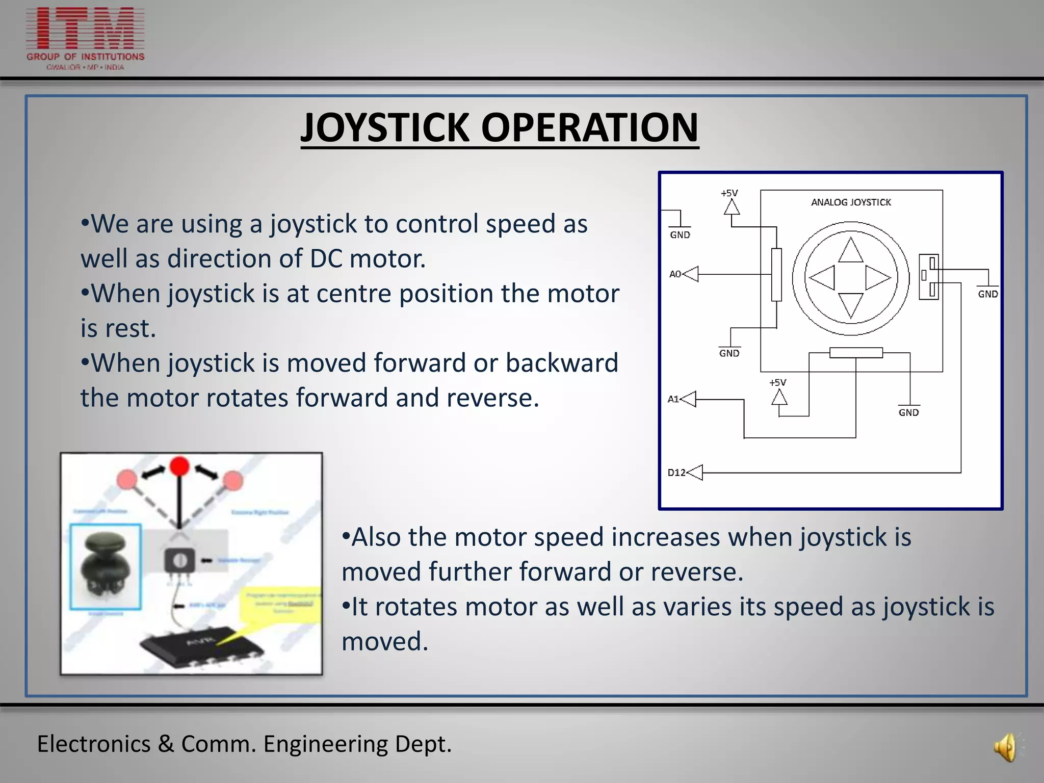 Electronics & Comm. Engineering Dept.
JOYSTICK OPERATION
•We are using a joystick to control speed as
well as direction of DC motor.
•When joystick is at centre position the motor
is rest.
•When joystick is moved forward or backward
the motor rotates forward and reverse.
•Also the motor speed increases when joystick is
moved further forward or reverse.
•It rotates motor as well as varies its speed as joystick is
moved.
 