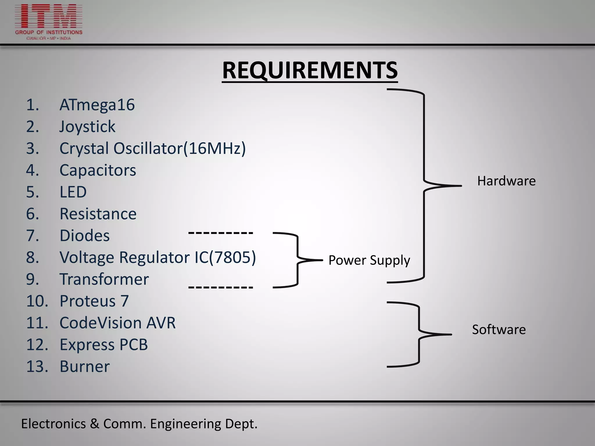 Electronics & Comm. Engineering Dept.
REQUIREMENTS
1. ATmega16
2. Joystick
3. Crystal Oscillator(16MHz)
4. Capacitors
5. LED
6. Resistance
7. Diodes
8. Voltage Regulator IC(7805)
9. Transformer
10. Proteus 7
11. CodeVision AVR
12. Express PCB
13. Burner
Power Supply
Software
Hardware
 