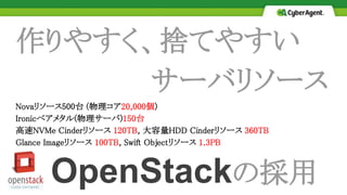 作りやすく、捨てやすい
サーバリソース
Novaリソース500台 (物理コア20,000個)
Ironicベアメタル(物理サーバ)150台
高速NVMe Cinderリソース 120TB, 大容量HDD Cinderリソース 360TB
Glance Imageリソース 100TB, Swift Objectリソース 1.3PB
OpenStackの採用
 