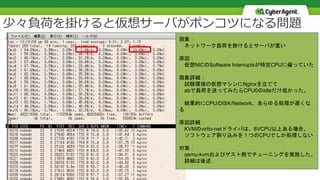 少々負荷を掛けると仮想サーバがポンコツになる問題
現象：
ネットワーク負荷を掛けるとサーバが重い
原因：
仮想NICのSoftware Interruptsが特定CPUに偏っていた
現象詳細：
試験環境の仮想マシンにNginxを立てて
abで負荷を送ってみたらCPU0のidleだけ低かった。
結果的にCPU/DISK/Network、あらゆる処理が遅くな
る
原因詳細：
KVMのvirtio-netドライバは、8VCPU以上ある場合、
ソフトウェア割り込みを１つのCPUでしか処理しない
対策：
qemu-kvmおよびゲスト側でチューニングを実施した。
詳細は後述
 