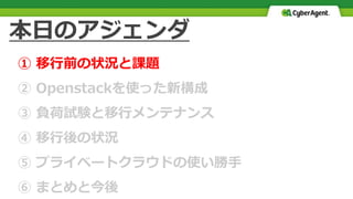 本日のアジェンダ
① 移行前の状況と課題
② Openstackを使った新構成
③ 負荷試験と移行メンテナンス
④ 移行後の状況
⑤ プライベートクラウドの使い勝手
⑥ まとめと今後
 