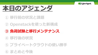 本日のアジェンダ
① 移行前の状況と課題
② Openstackを使った新構成
③ 負荷試験と移行メンテナンス
④ 移行後の状況
⑤ プライベートクラウドの使い勝手
⑥ まとめと今後
 