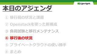 本日のアジェンダ
① 移行前の状況と課題
② Openstackを使った新構成
③ 負荷試験と移行メンテナンス
④ 移行後の状況
⑤ プライベートクラウドの使い勝手
⑥ まとめ
 