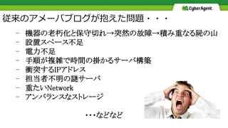 従来のアメーバブログが抱えた問題・・・
- 機器の老朽化と保守切れ→突然の故障→積み重なる屍の山
- 設置スペース不足
- 電力不足
- 手順が複雑で時間の掛かるサーバ構築
- 衝突するIPアドレス
- 担当者不明の謎サーバ
- 重たいNetwork
- アンバランスなストレージ
・・・などなど
 