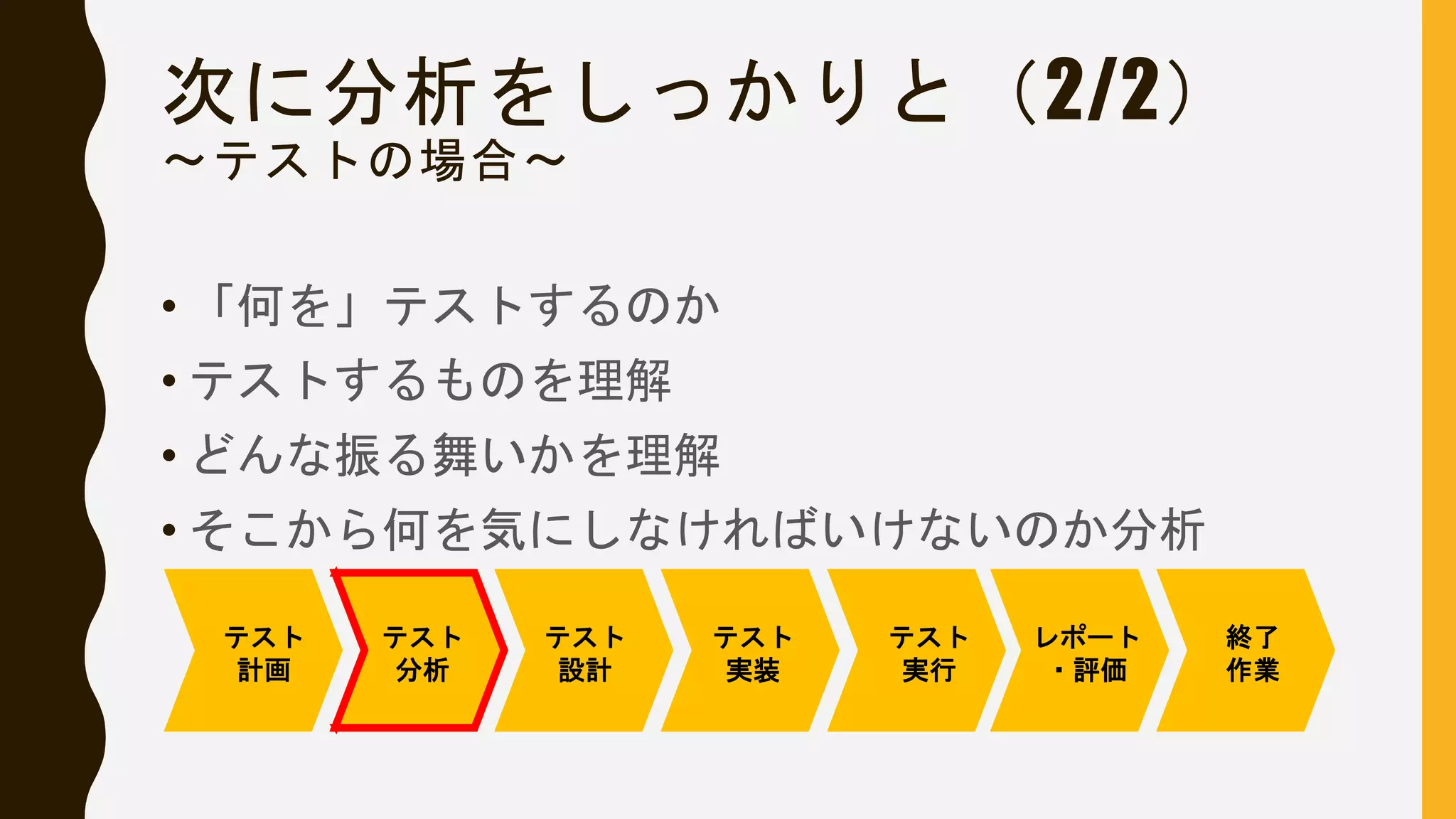 次に分析をしっかりと（2/2）
〜テストの場合〜
• 「何を」テストするのか
• テストするものを理解
• どんな振る舞いかを理解
• そこから何を気にしなければいけないのか分析
テスト
計画
テスト
分析
テスト
設計
テスト
実装
テスト
実行
レポート
・評価
終了
作業
 