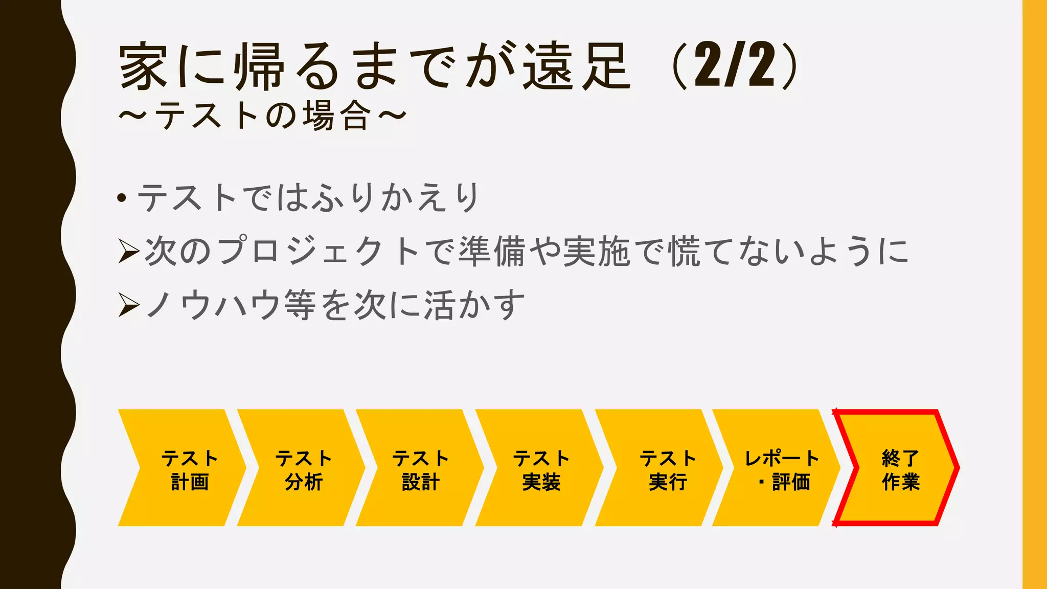 家に帰るまでが遠足（2/2）
〜テストの場合〜
• テストではふりかえり
次のプロジェクトで準備や実施で慌てないように
ノウハウ等を次に活かす
テスト
計画
テスト
分析
テスト
設計
テスト
実装
テスト
実行
レポート
・評価
終了
作業
 