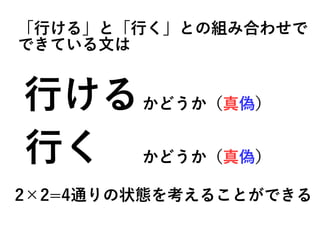 「行ける」と「行く」との組み合わせで
できている文は
行ける
行く
2×2=4通りの状態を考えることができる
かどうか（真偽）
かどうか（真偽）
 