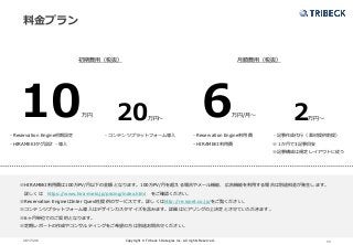 Copyright © Tribeck Strategies Inc. All rights Reserved. 112017/2/6
料金プラン
初期費用（税抜） 月額費用（税抜）
10万円 6万円/月～
・Reservation Engine初期設定
・HIRAMEKIタグ設計・導入
・Reservation Engine利用費
・HIRAMEKI利用費
※HIRAMEKI利用費は100万PV/月以下の金額となります。100万PV/月を超える場合やメール機能、広告機能を利用する場合は別途料金が発生します。
詳しくは https://www.hira-meki.jp/pricing/index.html をご確認ください。
※Reservation EngineはInter Quest社提供のサービスです。詳しくはhttp://re.iqnet.co.jp/をご覧ください。
※コンテンツプラットフォーム導入はデザインカスタマイズを含みます。詳細はヒアリングの上決定とさせていただきます。
※6ヶ月単位でのご契約となります。
※定期レポートの作成やコンサルティングをご希望の方は別途お問合せください。
20万円～
・コンテンツプラットフォーム導入
2万円～
・記事作成代行（素材提供前提）
※１か月で3記事目安
※記事構成は規定レイアウトに従う
 
