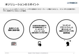 Copyright © Tribeck Strategies Inc. All rights Reserved. 32017/2/6
本ソリューションの３ポイント
本ソリューションのポイントは３つ。いずれも簡単かつスピーディーに開始できること、かついずれも効果が表れ
やすい施策が中心であることが重要。
会員サイトを
簡単に構築可能
店舗予約受付履歴や
会員情報を基にした
クーポンやフ
ォローメールの
自動配信でCRMを実現
コンテンツ
プラットフォーム
導入によって
自由にコンテンツを
提供可能
 